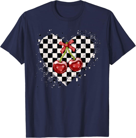 Checkered Black White Coquette Bow Red Cherries Heart Retro T-Shirt - T-Shirt | Navy