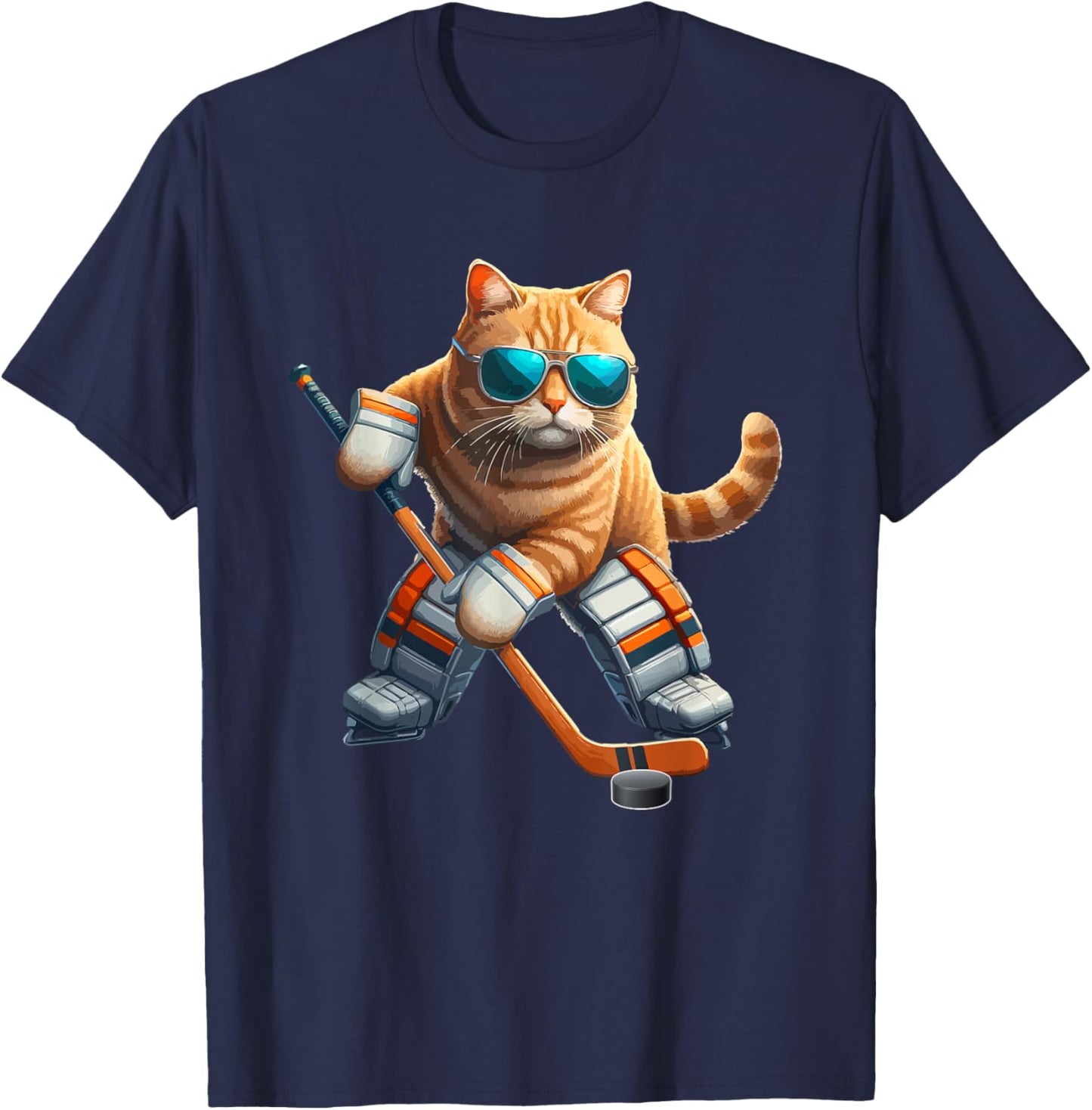 Cat Sunglasses Playing Hockey Costume Player Owner Lover T-Shirt - T-Shirt | Navy