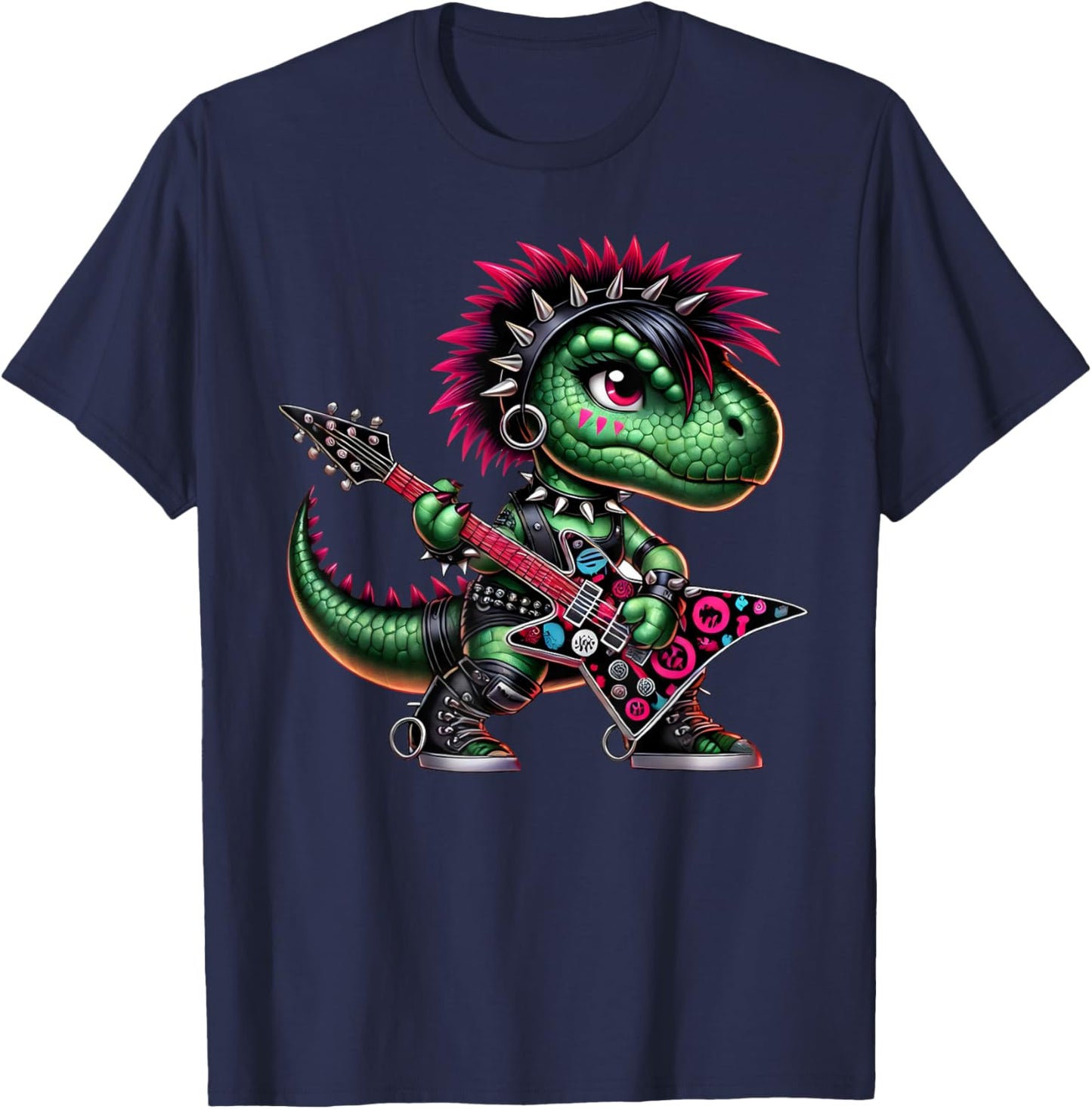 Cute Punk Girl Dinosaur Guitar Band, Rock'n Roll Dino, Girls T-Shirt - T-Shirt | Navy