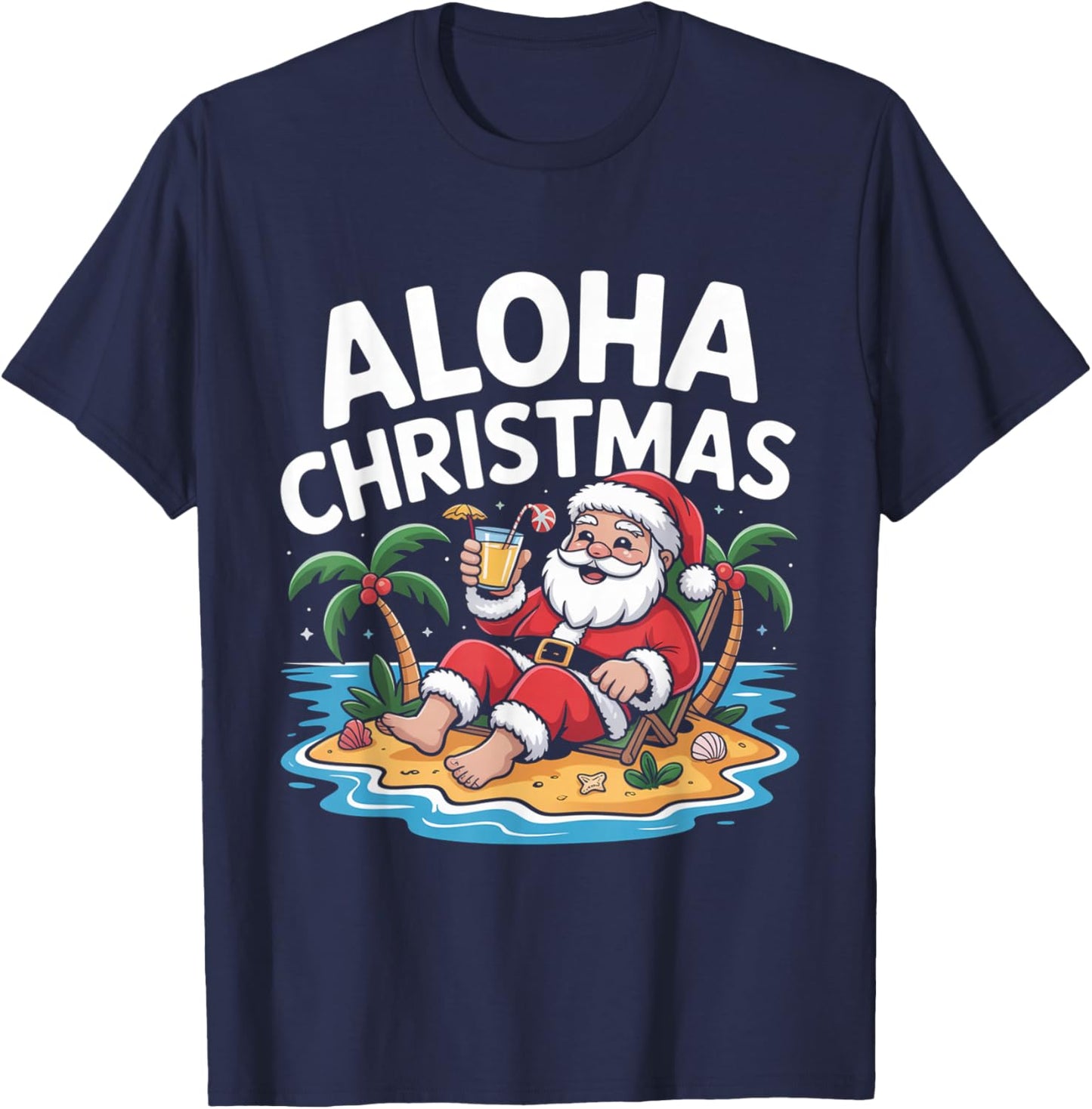 Aloha Beach Santa Summer Hawaii Christmas in July T-Shirt - T-Shirt | Navy