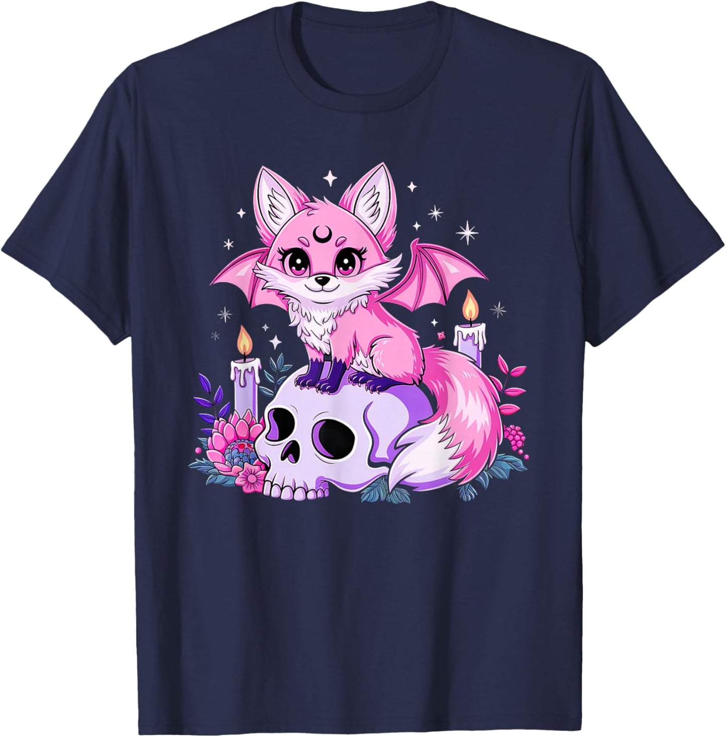 Halloween Kawaii Pastel Goth Cute Creepy Fox Bat Skeleton T-Shirt - T-Shirt | Navy