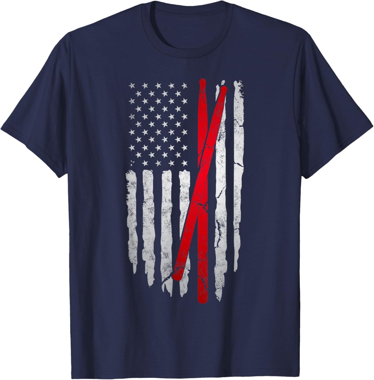 Distressed Drum Sticks American Flag For Patriotic Drummer T-Shirt - T-Shirt | Navy