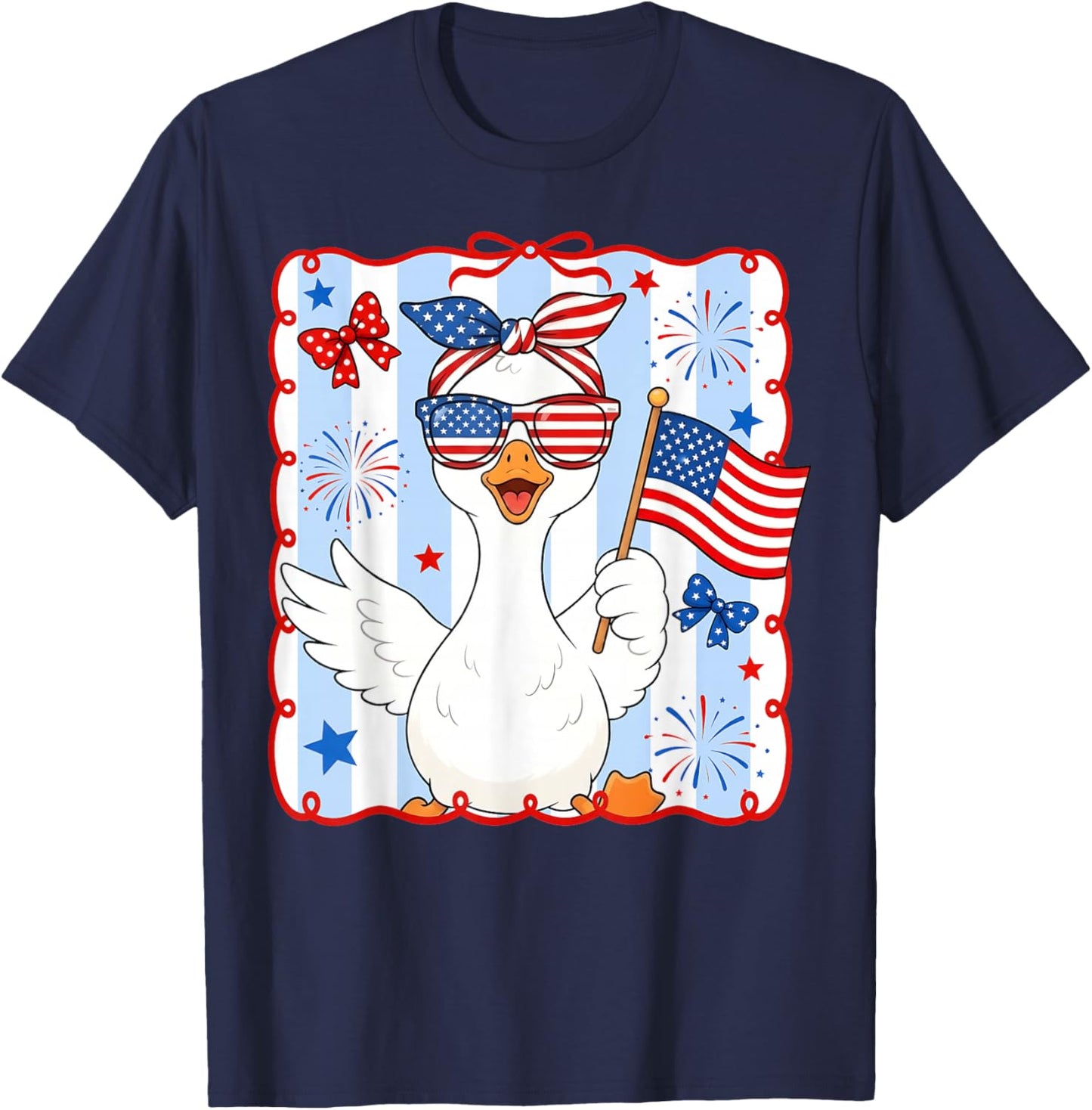 Funny Goose 4th of July American Flag Preppy Women Girl T-Shirt - T-Shirt | Navy