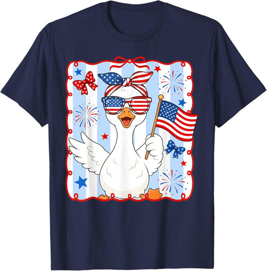 Funny Goose 4th of July American Flag Preppy Women Girl T-Shirt - T-Shirt | Navy