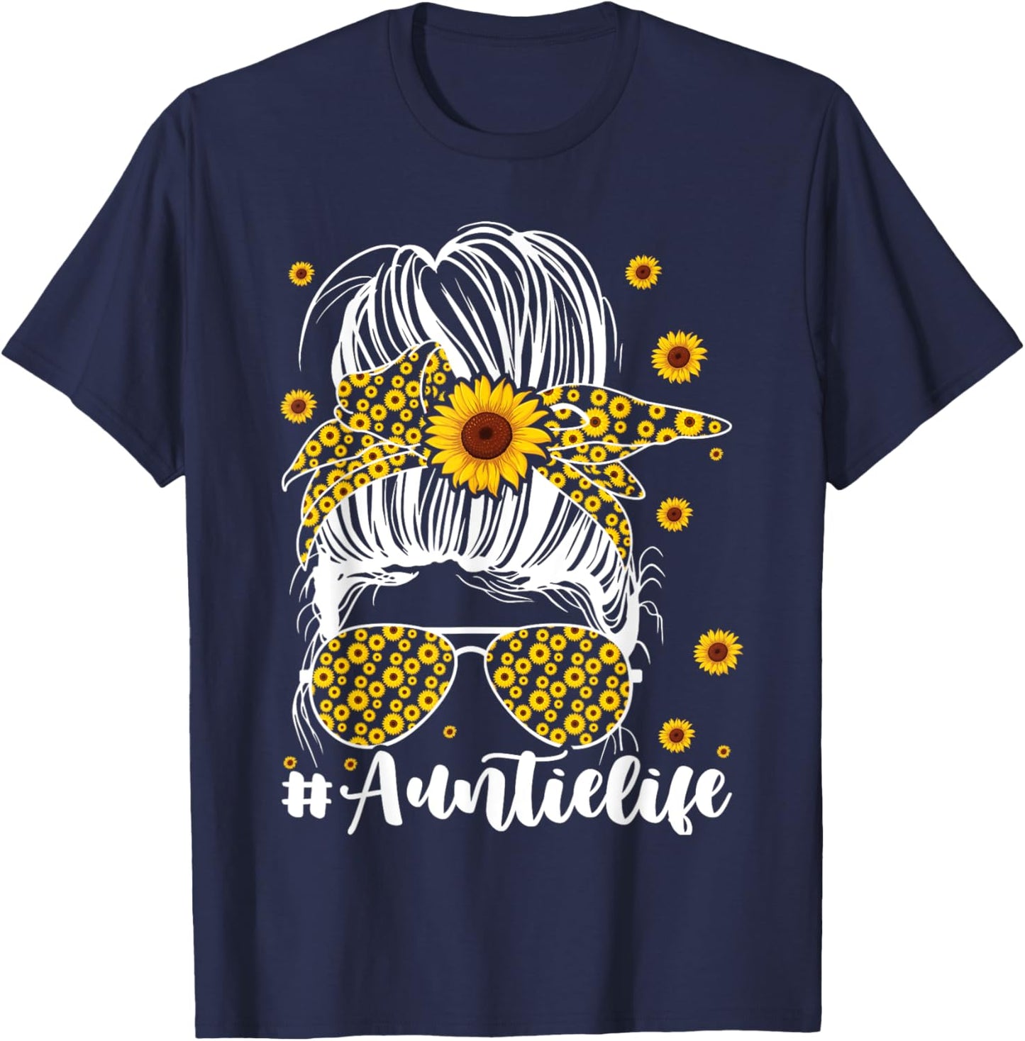 Mom Life Bleached Auntie Life Sunflower Messy Bun T-Shirt - T-Shirt | Navy