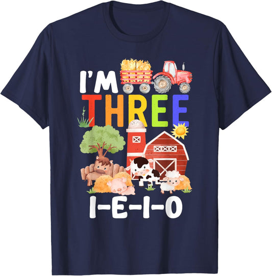 I'm Three I-E-I-O 3 Years Old Farm Animal Birthday Matching T-Shirt - T-Shirt | Navy