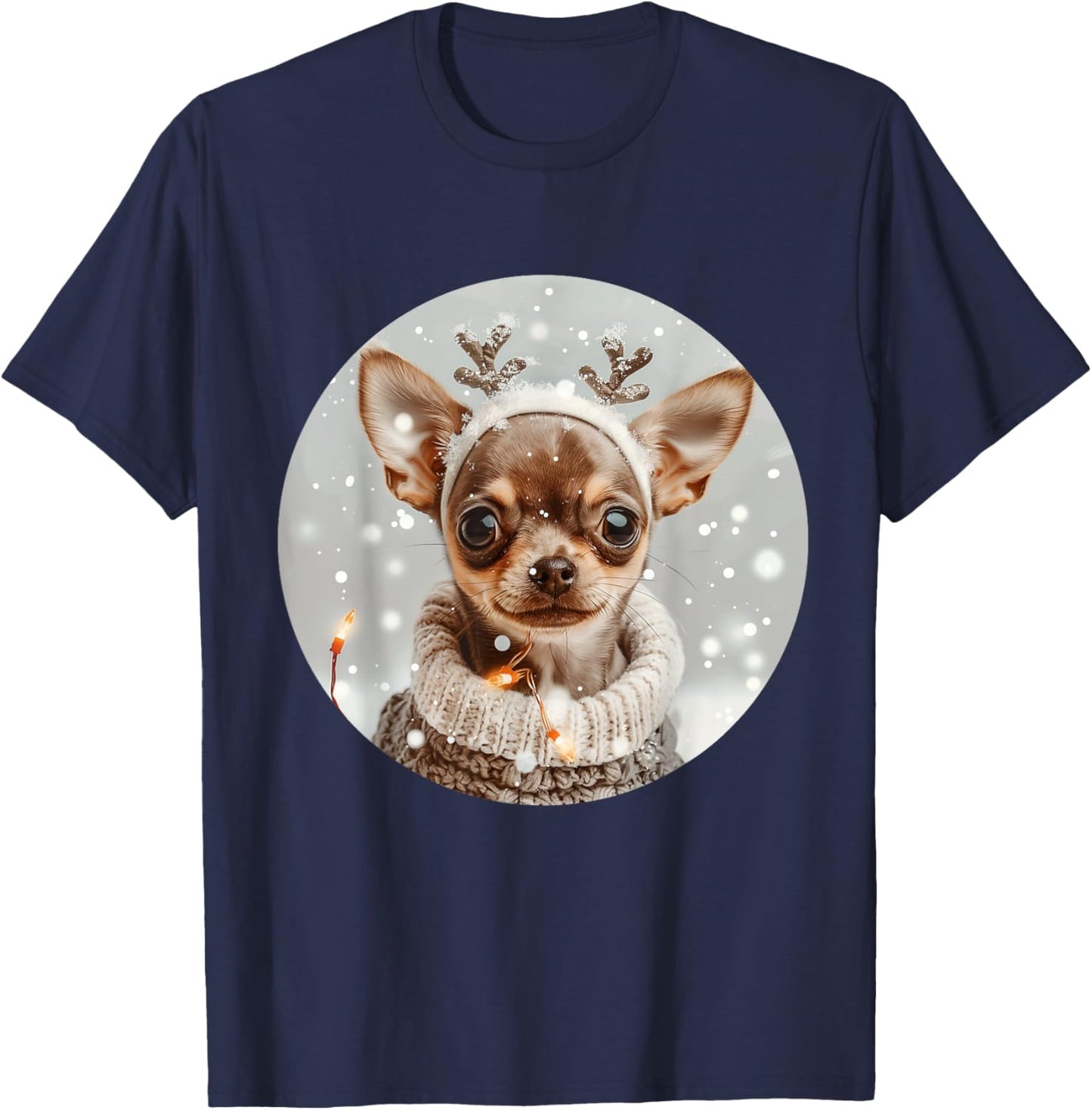 Cute Reindeer Chihuahua Dog Snow Christmas Puppy Snowflakes T-Shirt - T-Shirt | Navy