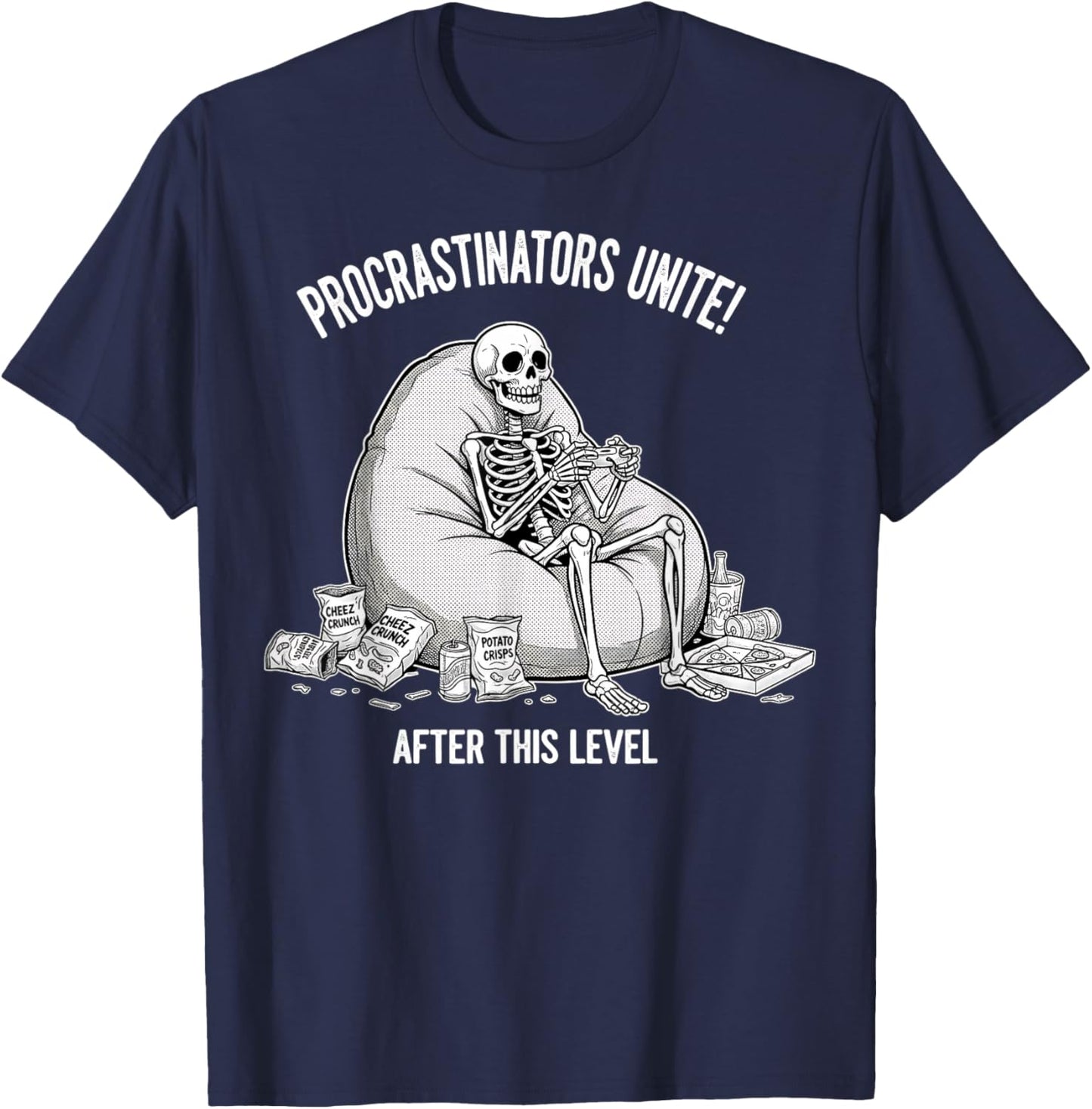 Procrastinators Unite Funny Skeleton Gaming Gamer Graphic T-Shirt - T-Shirt | Navy
