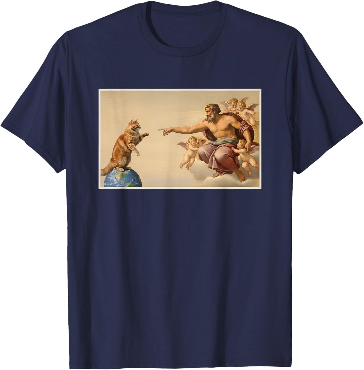 Renaissance Cat Creation Art Funny Cat Lover Design T-Shirt - T-Shirt | Navy