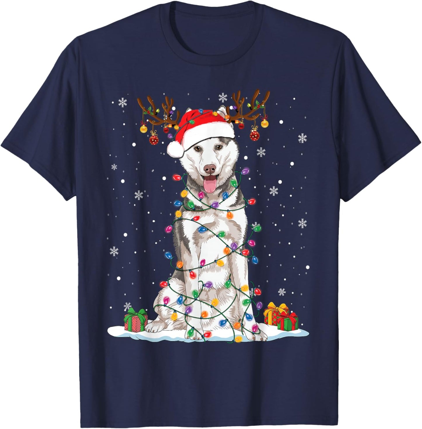 Funny Husky Dog Tree Christmas Lights Xmas Pajama Women Kids T-Shirt - T-Shirt | Navy