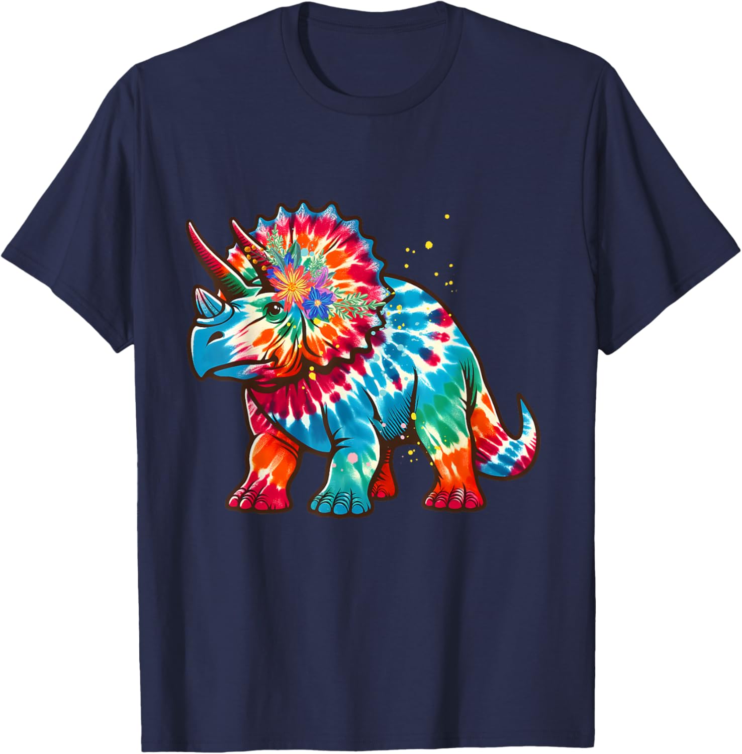 Tie Dye Color Triceratops Tie Dyed Dinosaur Prehistoric Dino T-Shirt - T-Shirt | Navy