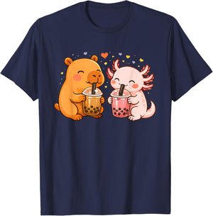 Cute Capybara and Axolotl Drinking Boba Bubble Tea T-Shirt - T-Shirt | Navy