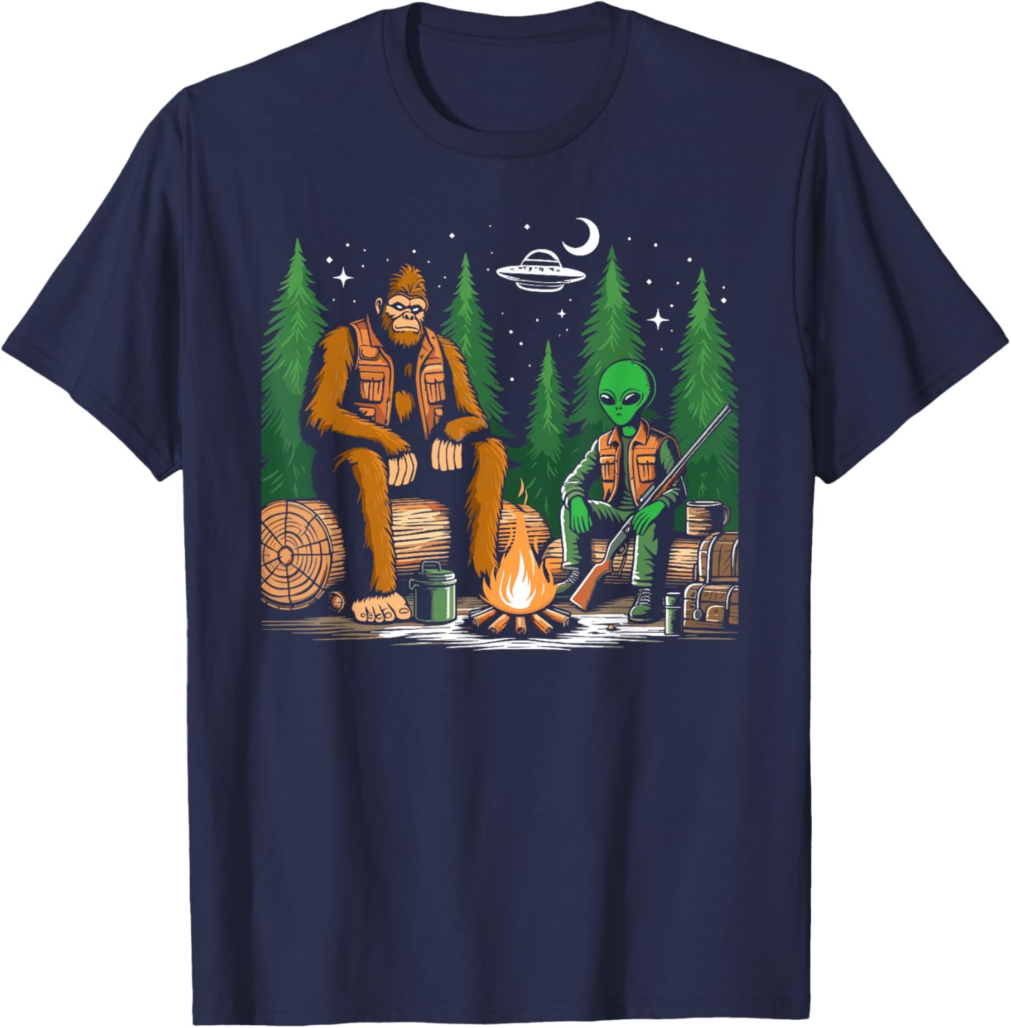 Bigfoot and alien hunting sasquatch alien Hunter funny T-Shirt - T-Shirt | Navy