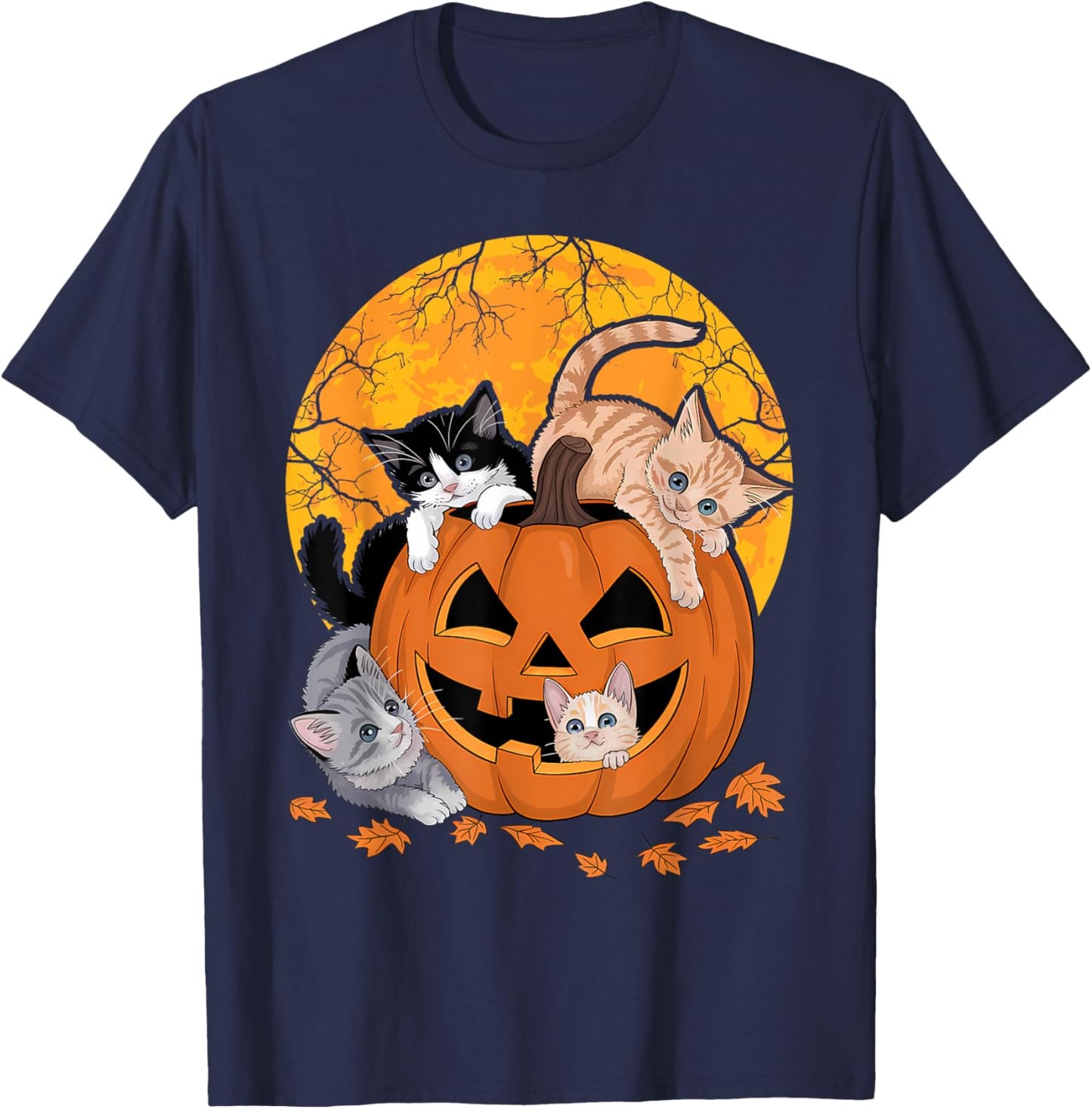 Vintage 90s Cat Pumpkin Halloween Retro Floral Spooky Season T-Shirt - T-Shirt | Navy
