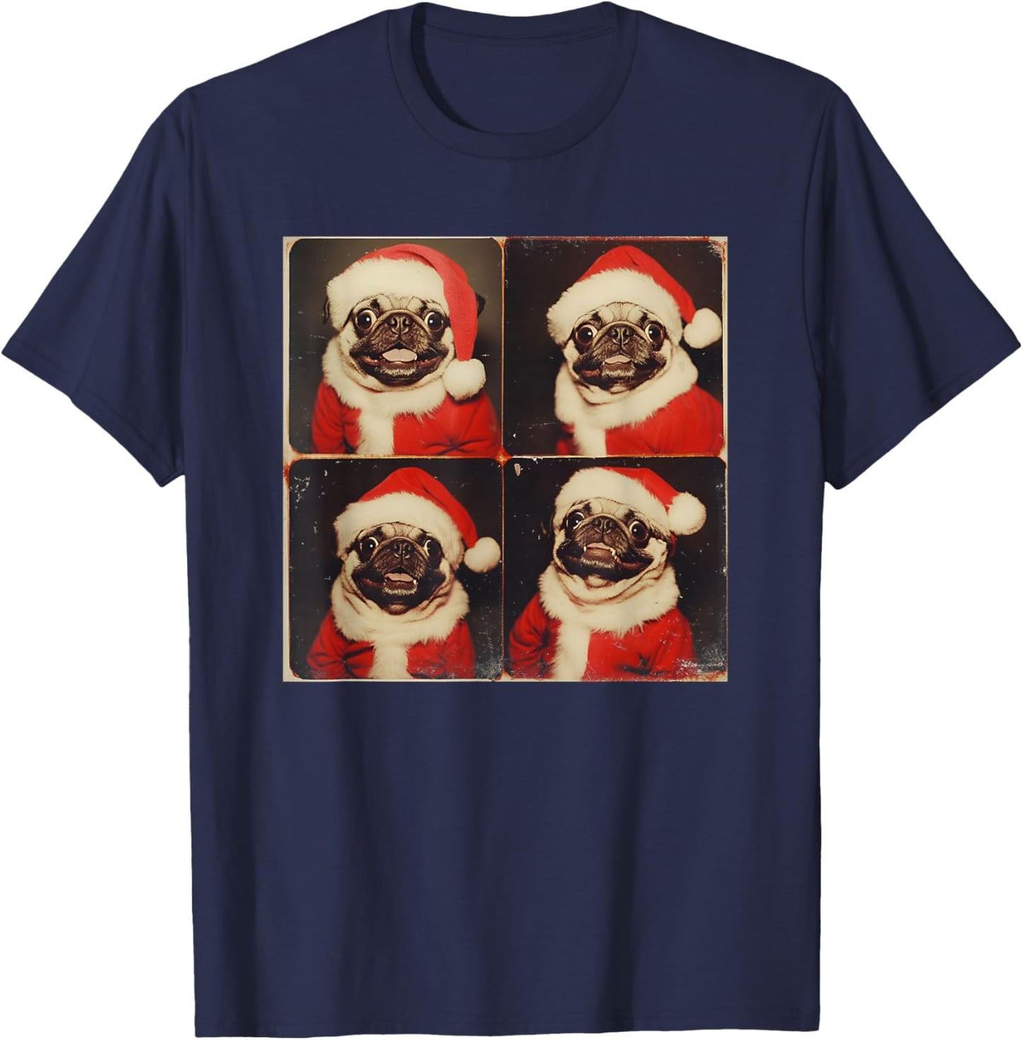 Xmas Pug Owner Photo Booth All Ages Black Cartoon Animal Graphic Modern Short Sleeve T-Shirt - T-Shirt | Navy