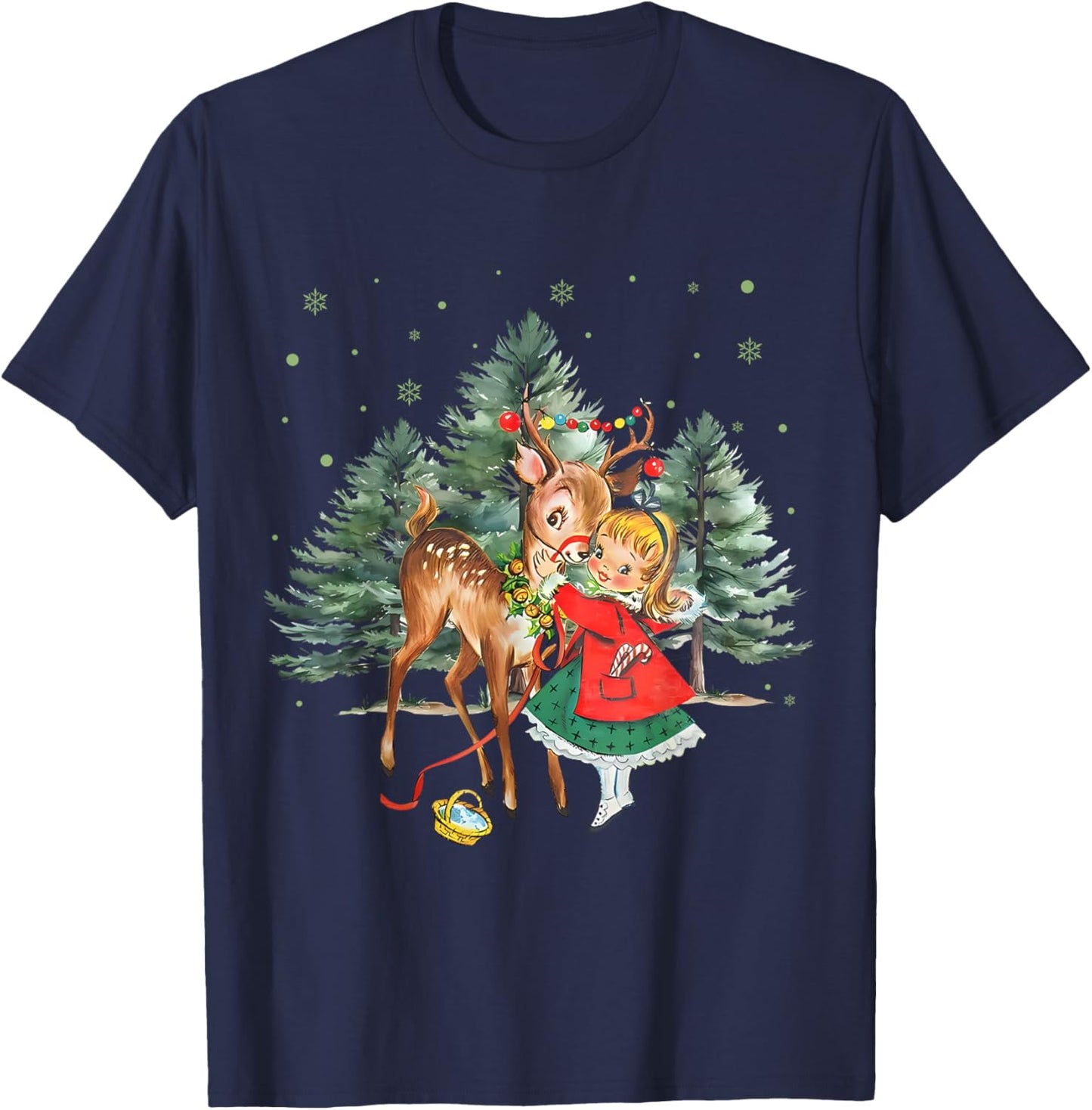 Vintage Girl and Reindeer Retro 1950's Christmas T-Shirt - T-Shirt | Navy