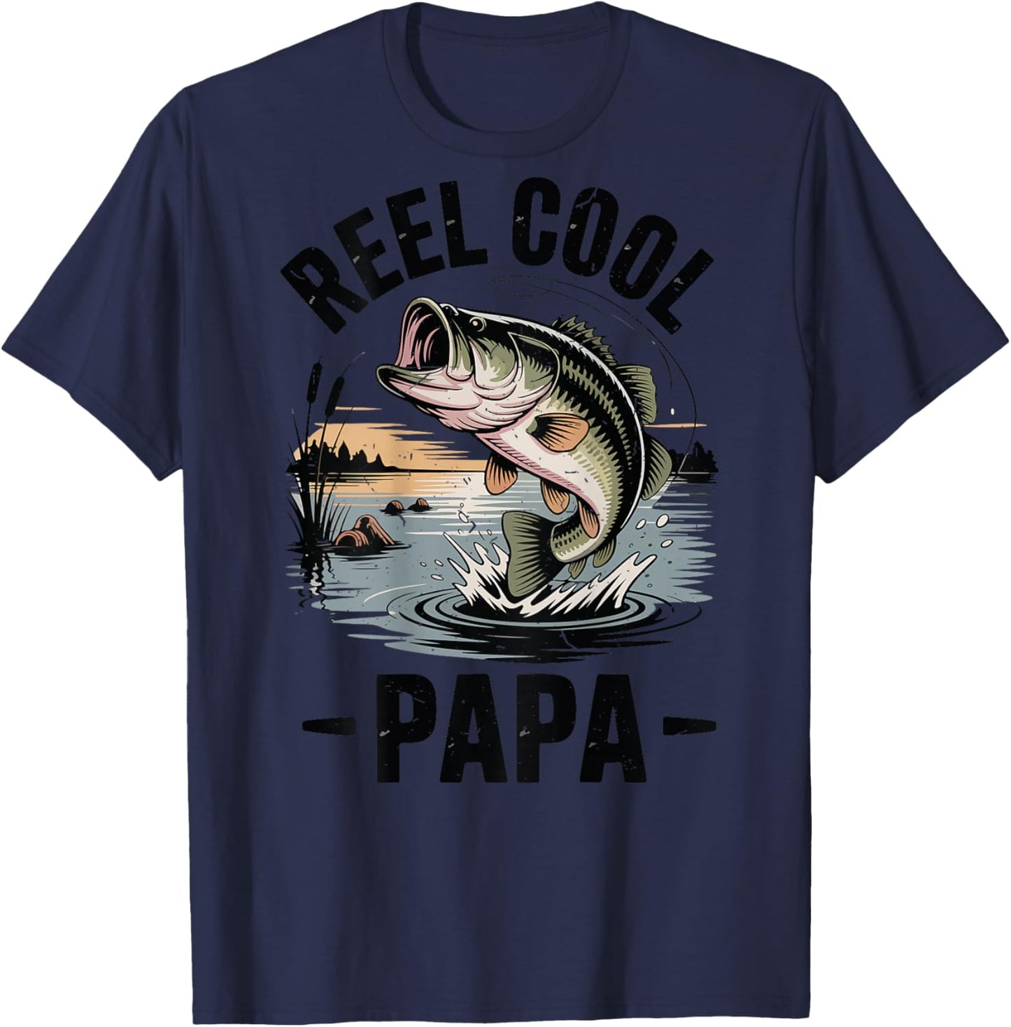 Reel Cool Papa Funny Dad Fishing Gift Son Daughter Bass Fish T-Shirt - T-Shirt | Navy