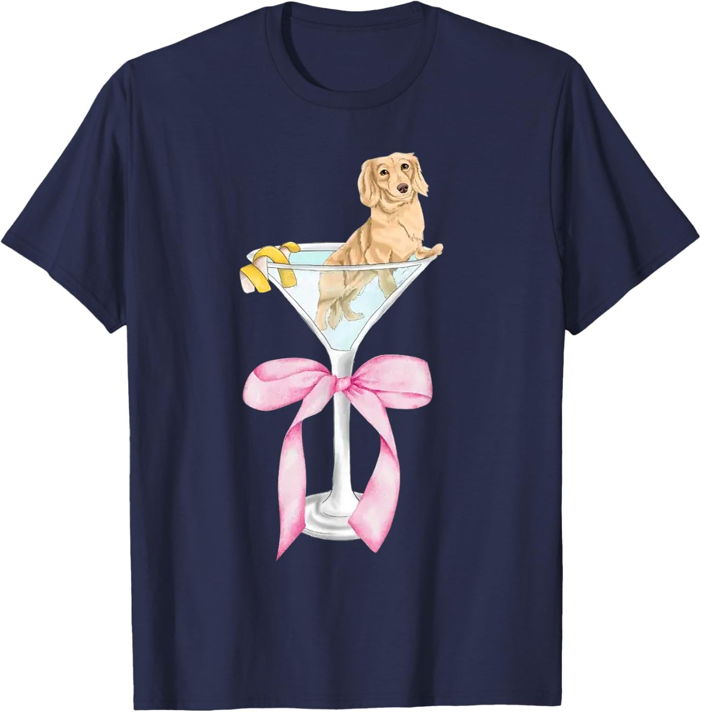 Funny Dachshund Dog With Martini Glass Coquette Pink Bow T-Shirt - T-Shirt | Navy