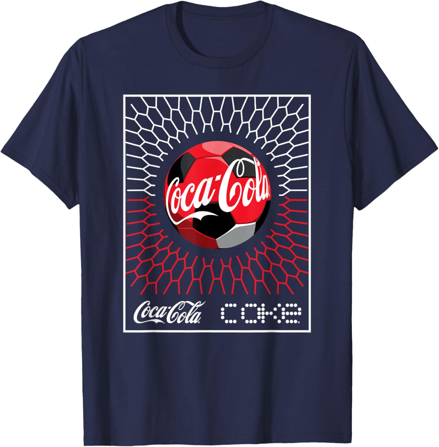 Coca-Cola Football Soccer Goal In Net Geometric Pattern T-Shirt - T-Shirt | Navy