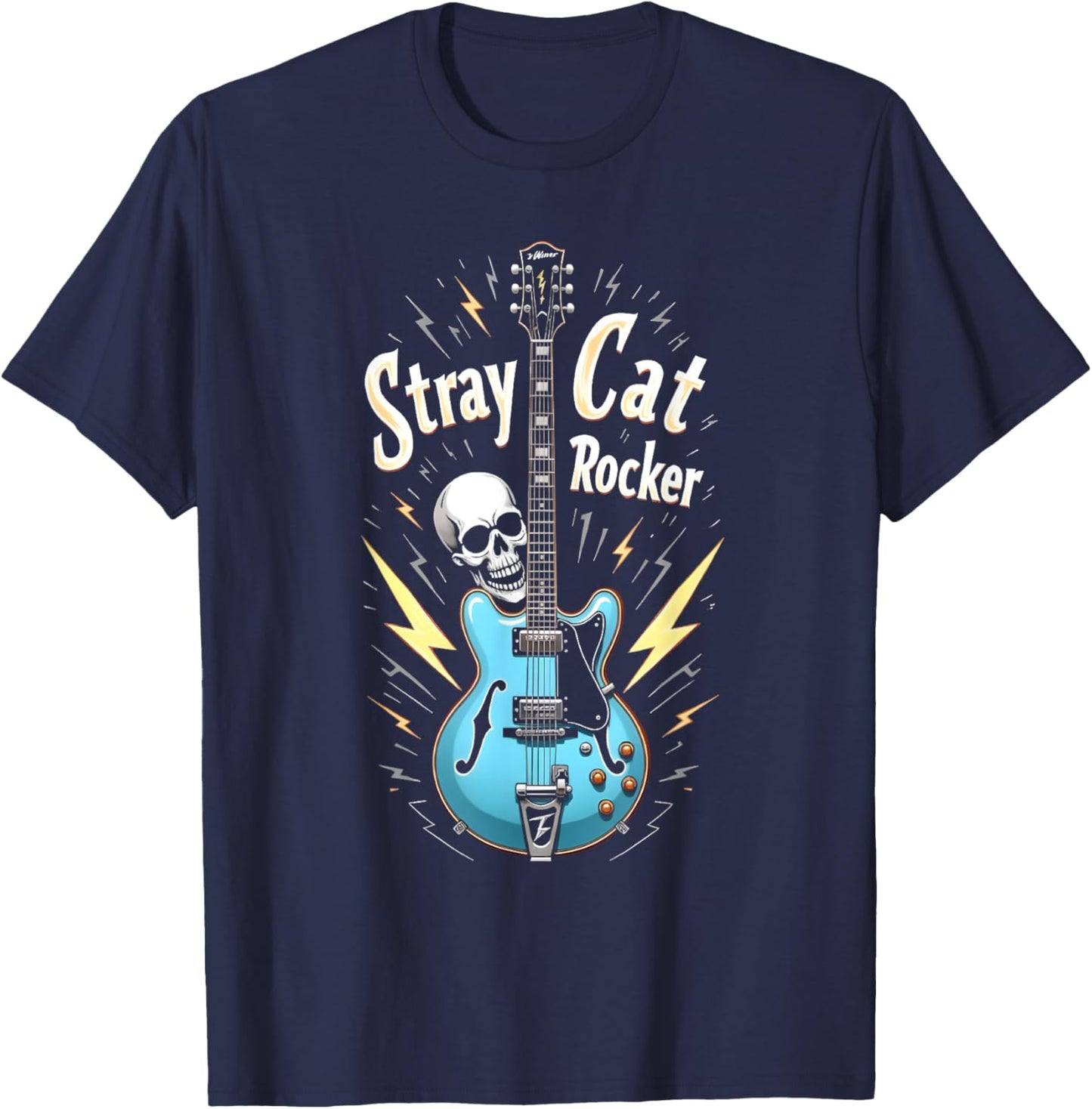Stray Cat Rocker Vintage Style Rockabilly Guitar T-Shirt - T-Shirt | Navy