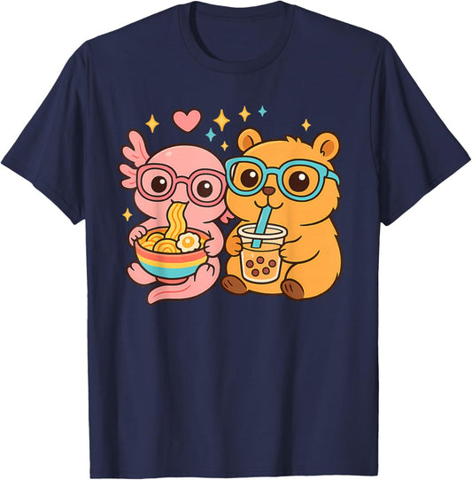 Cute Capybara Axolotl Kawaii Anime y2k Boba Kids Capibara T-Shirt - T-Shirt | Navy