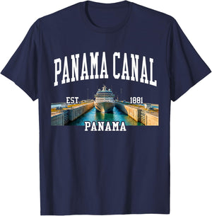 Retro Panama Canal Cruising, Ship in Locks, Retro Graphic T-Shirt - T-Shirt | Navy