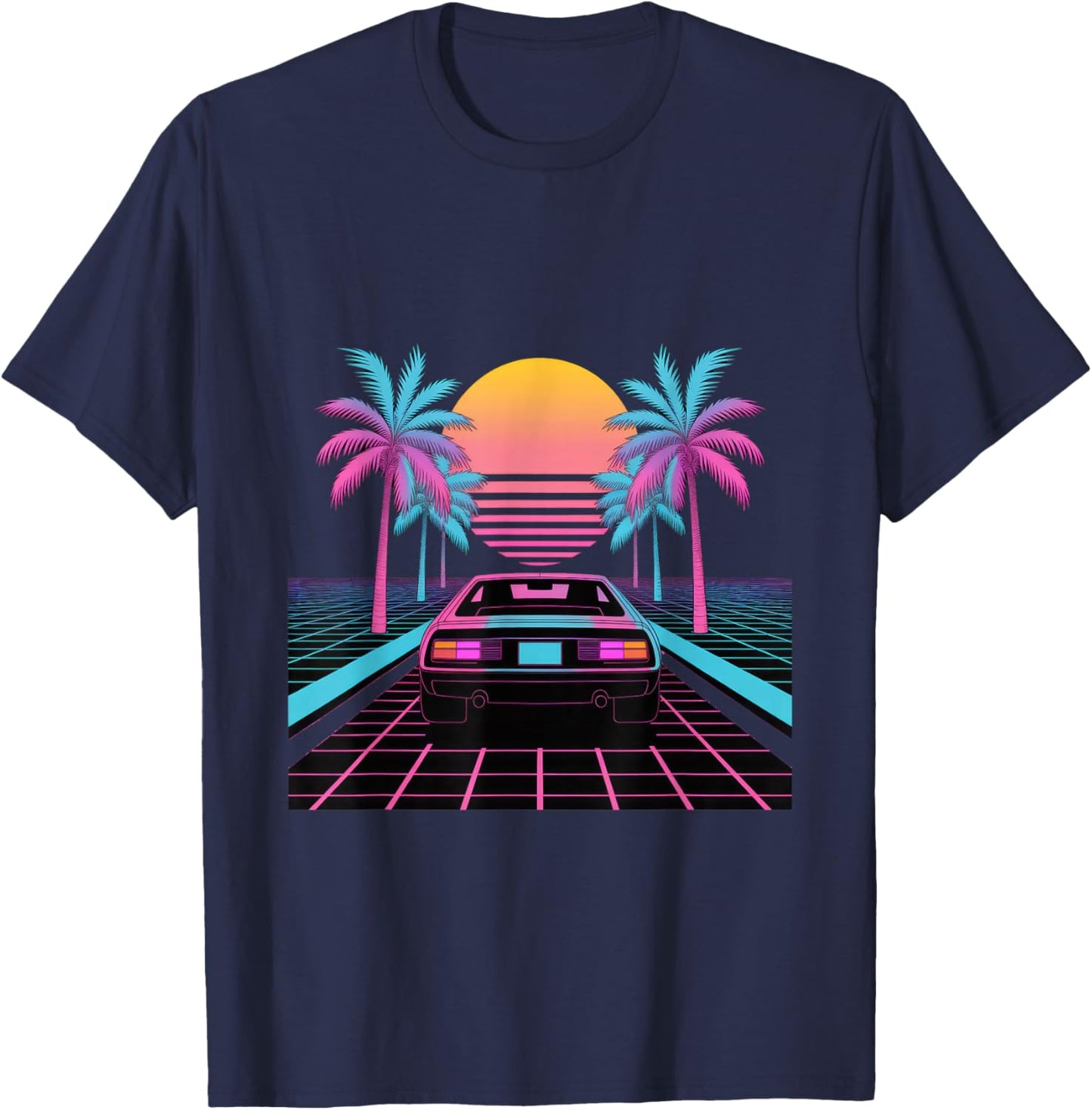 Retro Sunset Car Synthwave Aesthetic T-Shirt - T-Shirt | Navy