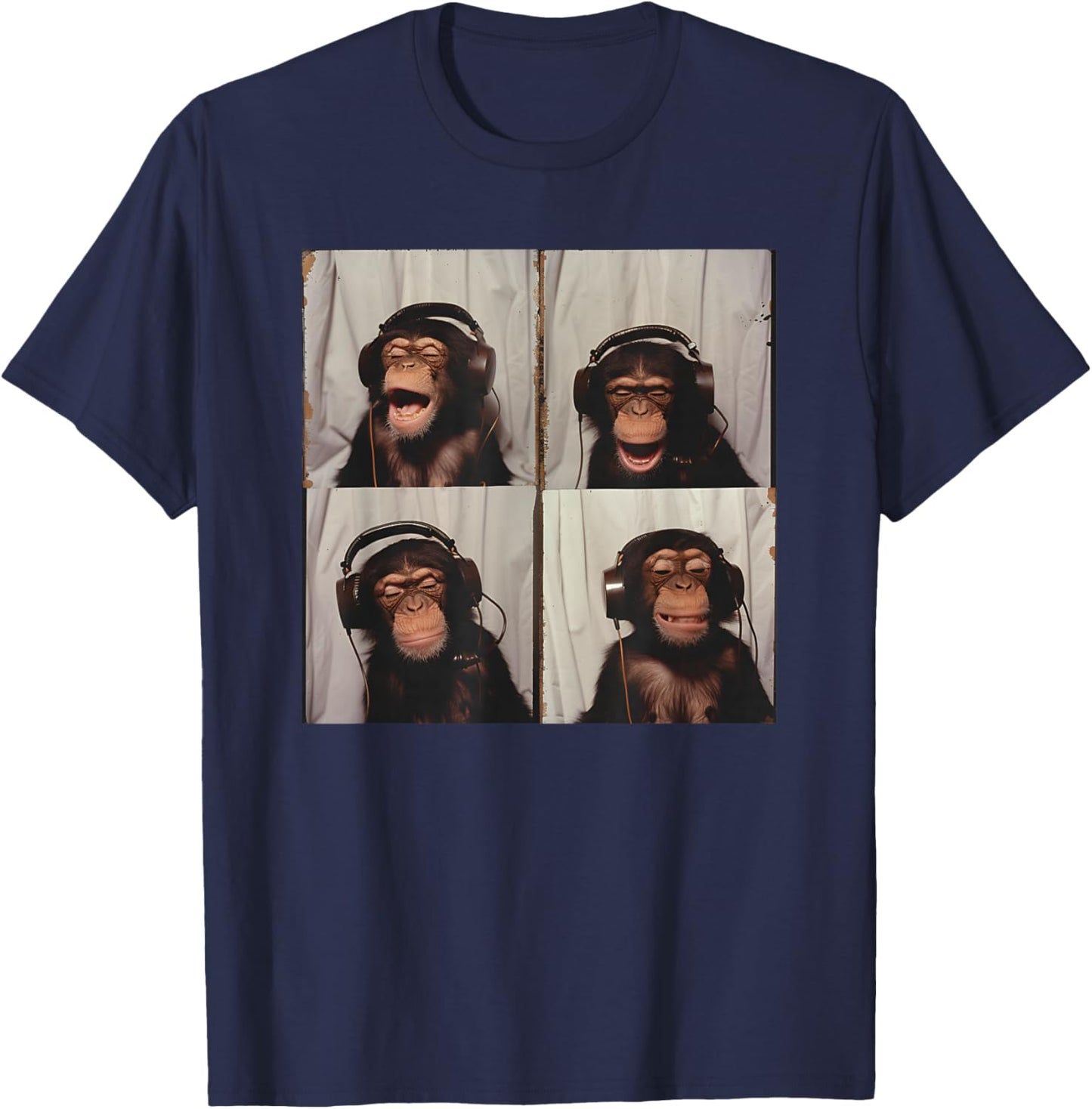 Monkey Wearing Headphones Art Chimp Animal Photobooth T-Shirt - T-Shirt | Navy