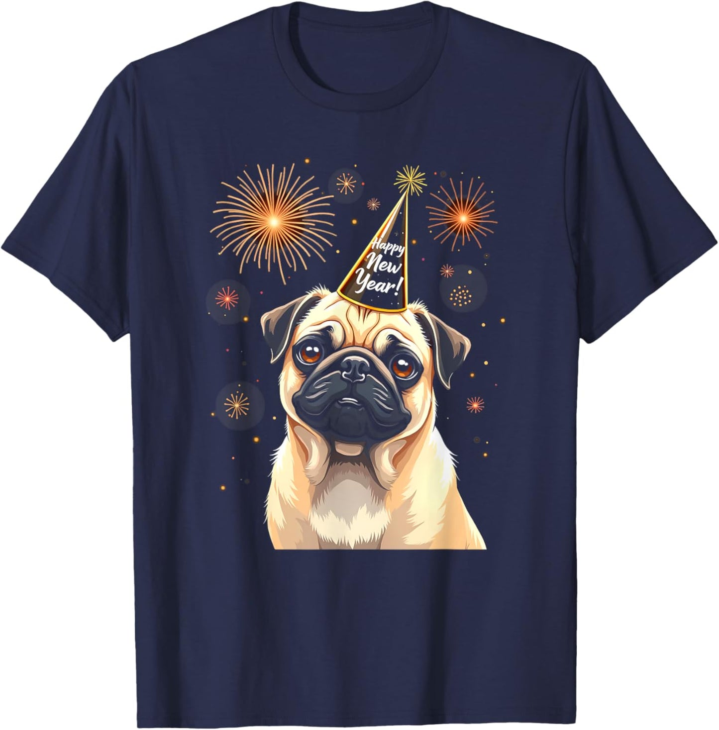 Happy New Year 2025 Eve Firework Dog Funny Pug Dog Women Kids T-Shirt - T-Shirt | Navy
