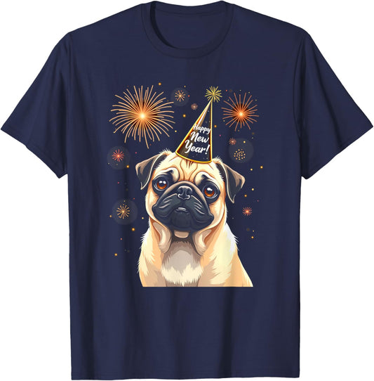 Happy New Year 2025 Eve Firework Dog Funny Pug Dog Women Kids T-Shirt - T-Shirt | Navy