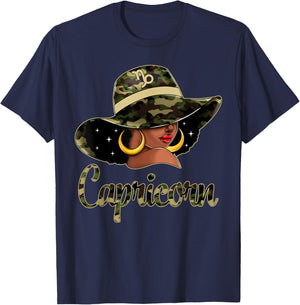 Capricorn Queen Black Woman With Hat Camo Afro Woman Zodiac T-Shirt - T-Shirt | Navy