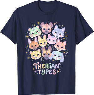 Therian Types Animal Identity Faces Pastel Art T-Shirt - T-Shirt | Navy