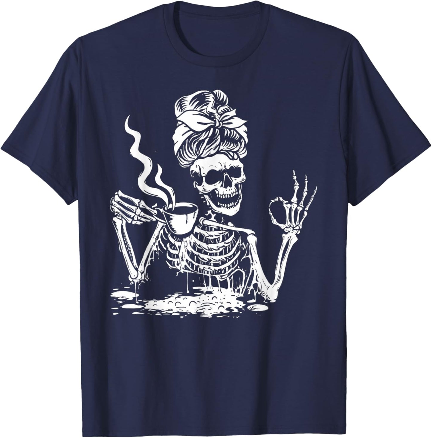 Skeleton Drinking Coffee Messy Bun Women Halloween Skeleton T-Shirt - T-Shirt | Navy