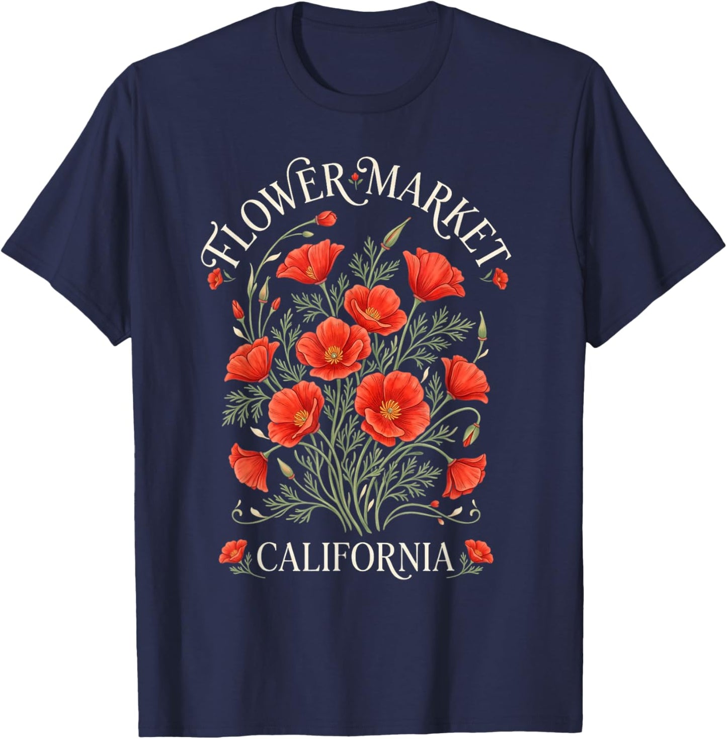 California Poppy Flower Market Red Poppies Floral T-Shirt - T-Shirt | Navy