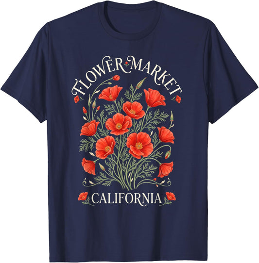 California Poppy Flower Market Red Poppies Floral T-Shirt - T-Shirt | Navy