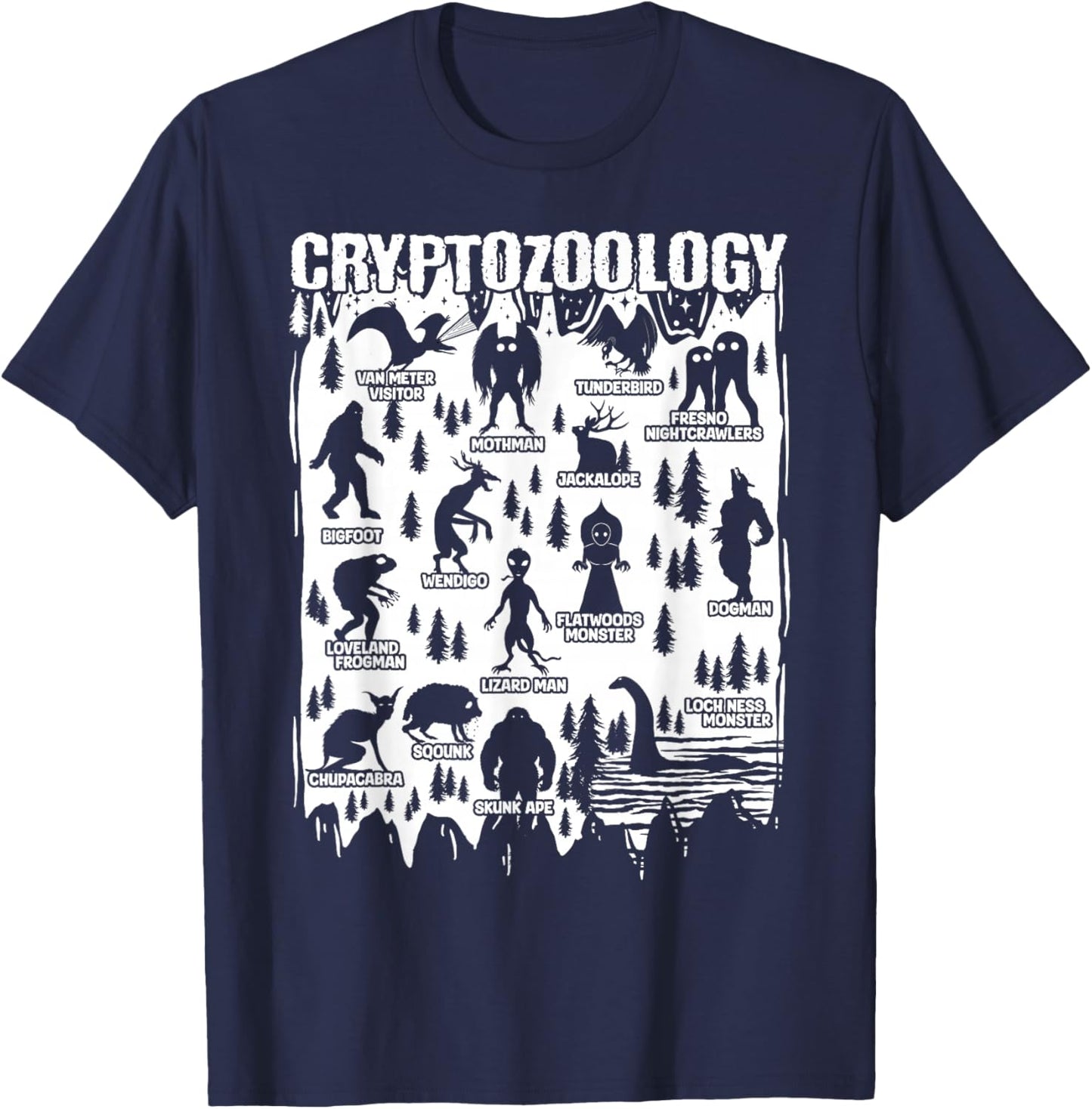 Cryptozoology Cryptid Bigfoot Mothman Dogman Other Monsters T-Shirt - T-Shirt | Navy