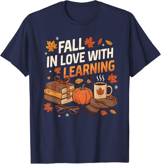 Fall in Love with Learning Autum Thanksgiving Teacher Kids T-Shirt - T-Shirt | Navy