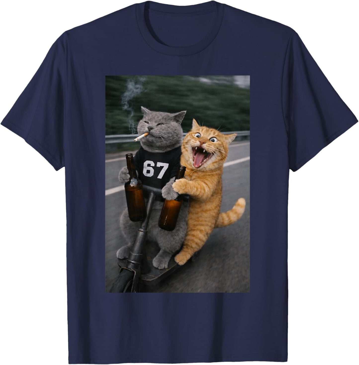 Funny cat Smoking Cigarette and Drinking Wearing 67 T-Shirt - T-Shirt | Navy