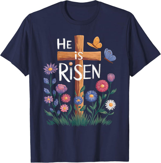 He Is Risen Jesus Floral Christian Easter T-Shirt - T-Shirt | Navy