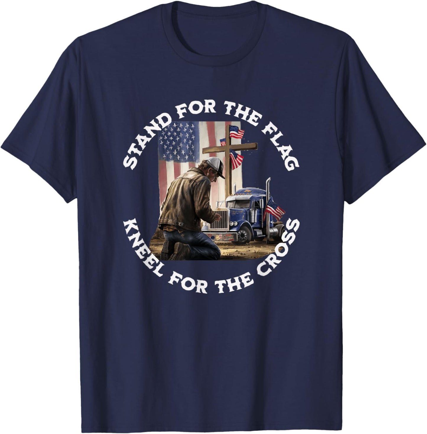 American Trucker Praying At The Cross & US Flag Christian T-Shirt - T-Shirt | Navy