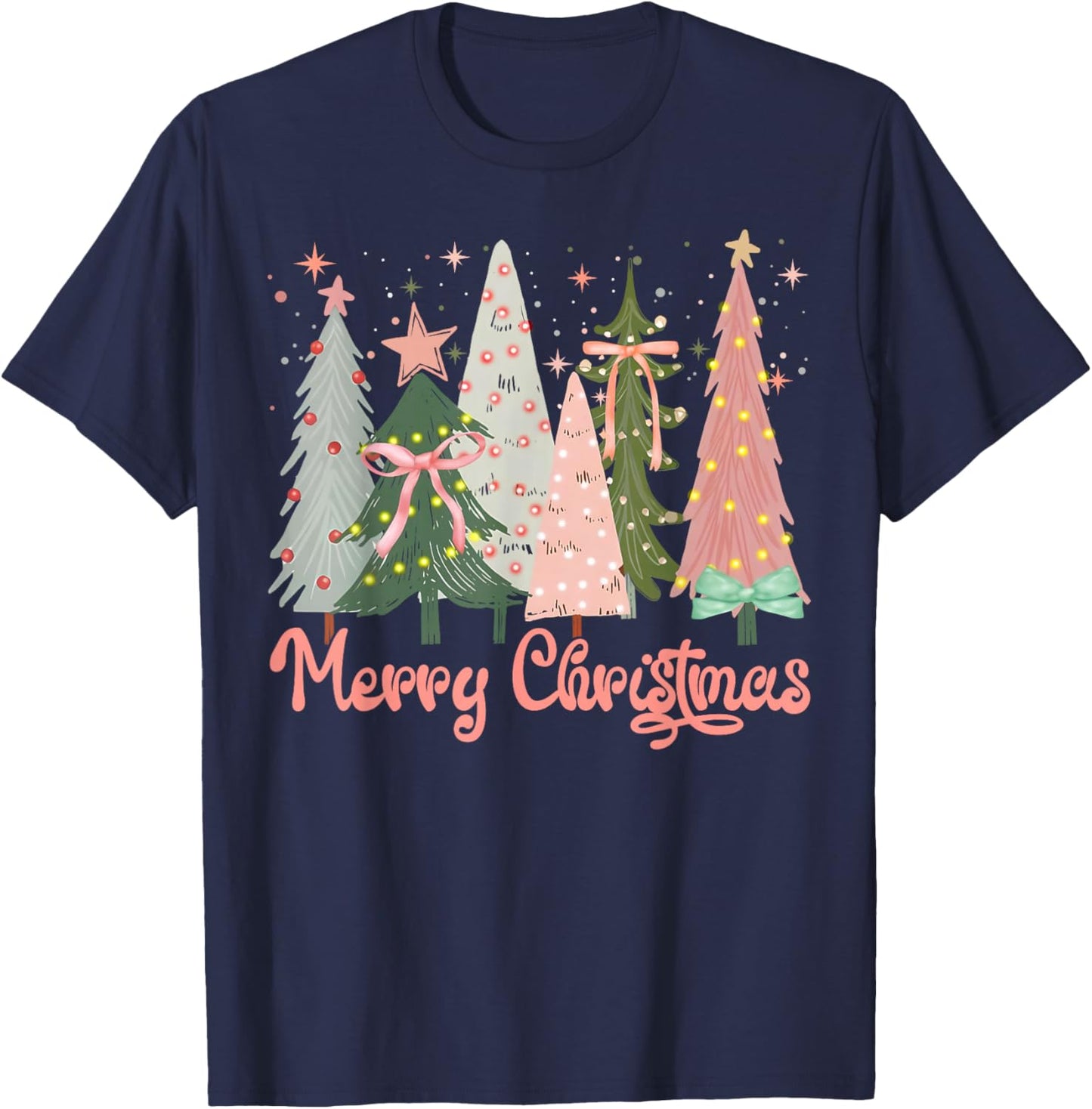 Merry Christmas Tree Boho Xmas Pink Girl Women T-Shirt - T-Shirt | Navy