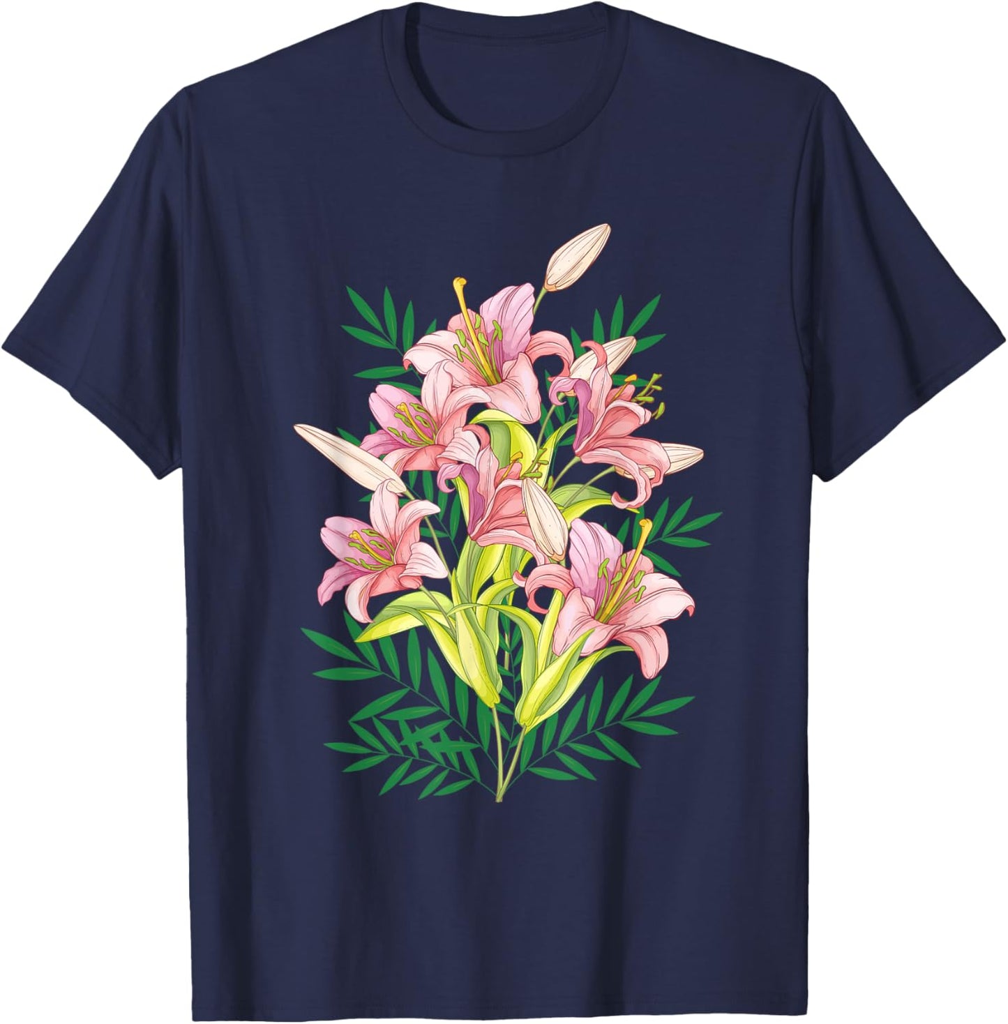Variety of Lillies Graphic Flower Print Flowered T-Shirt - T-Shirt | Navy