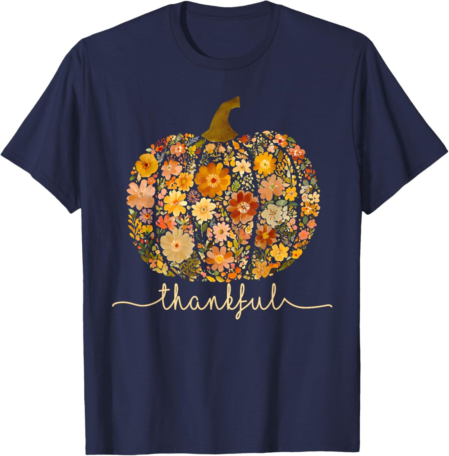 Pumpkin Wildflower Thankful Thanksgiving Autumn Leaves Retro T-Shirt - T-Shirt | Navy