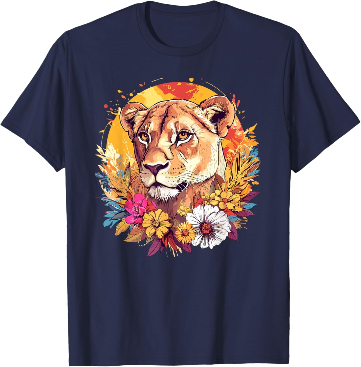 Lioness With Flowers Majestic Sunset T-Shirt - T-Shirt | Navy