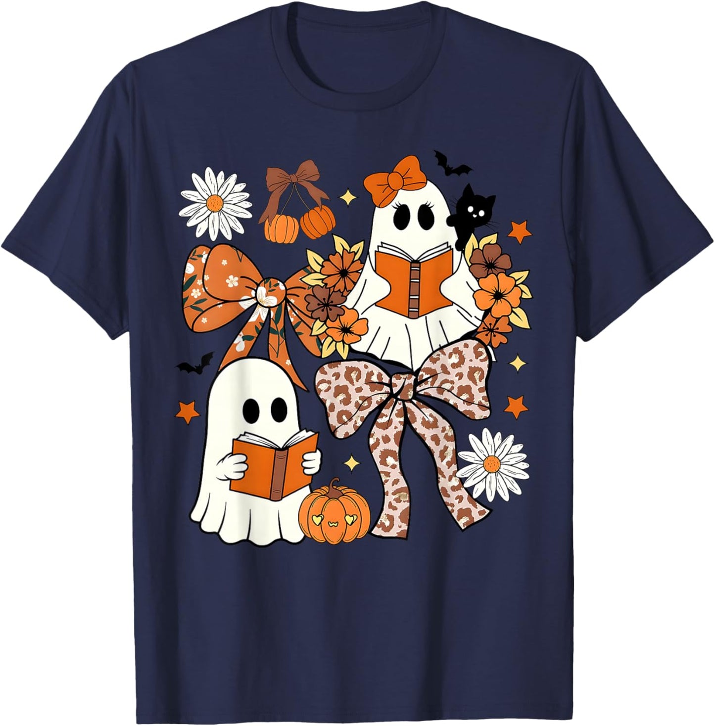 Ghost Reading Books Leopard Pumpkin Coquette Bow Halloween T-Shirt - T-Shirt | Navy