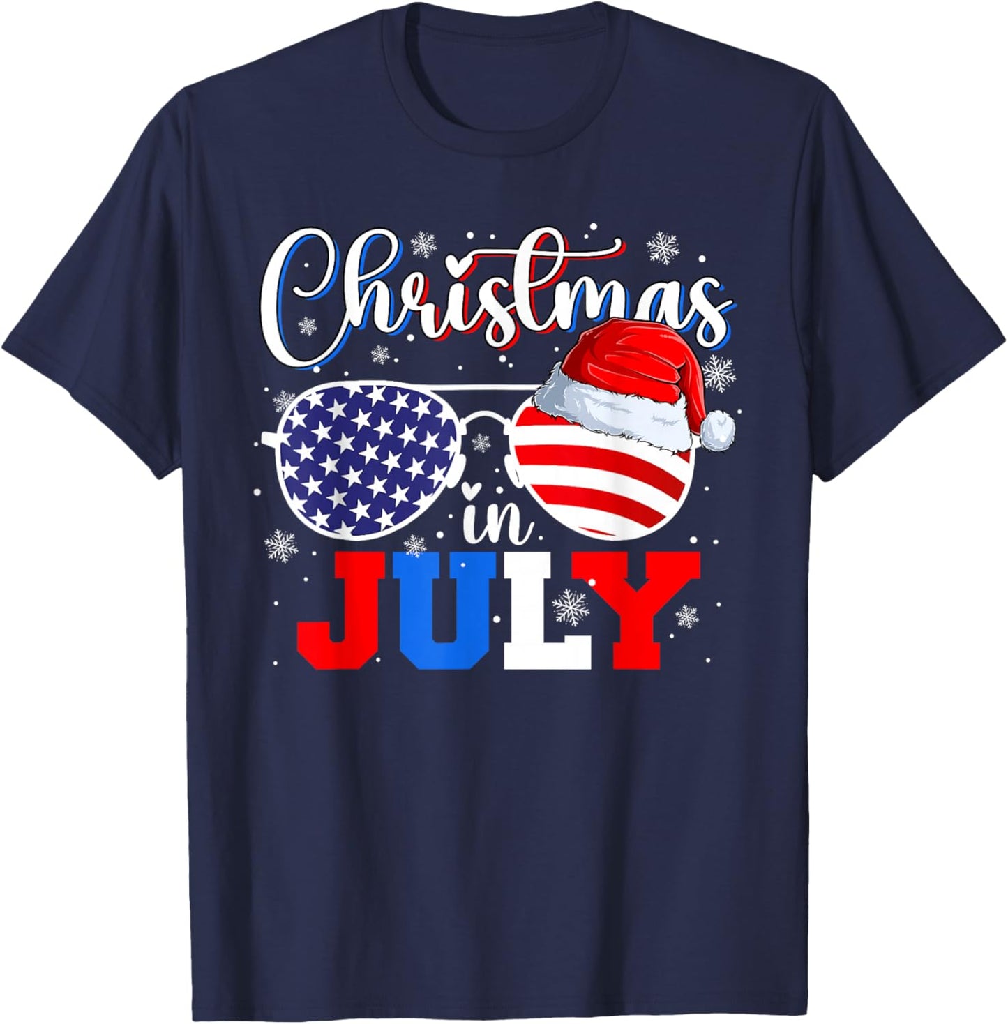 Christmas in July Santa Hat Sunglasses USA Flag 4th of July T-Shirt - T-Shirt | Navy