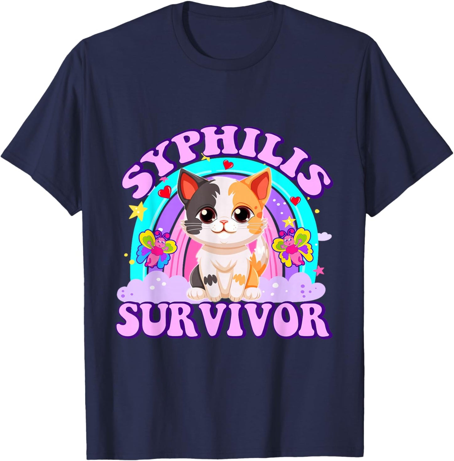 Syphilis Survivor Funny Cat Sarcastic Y2K Inappropriate Meme T-Shirt - T-Shirt | Navy
