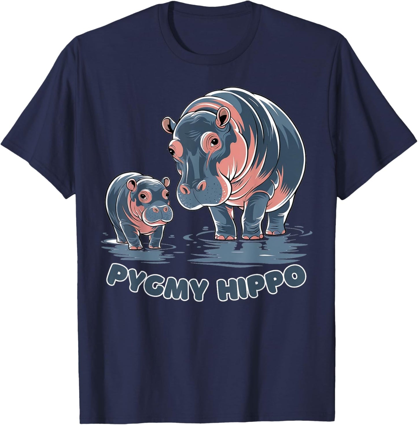 Cute Baby Pygmy Hippo Moo Deng Funny Zoo For Family Kids T-Shirt - T-Shirt | Navy