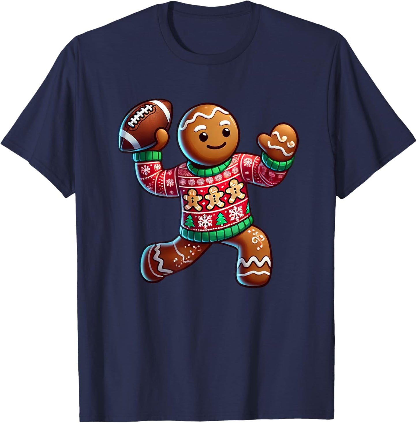 Football Christmas Gingerbread Man Football Ugly Christmas T-Shirt - T-Shirt | Navy