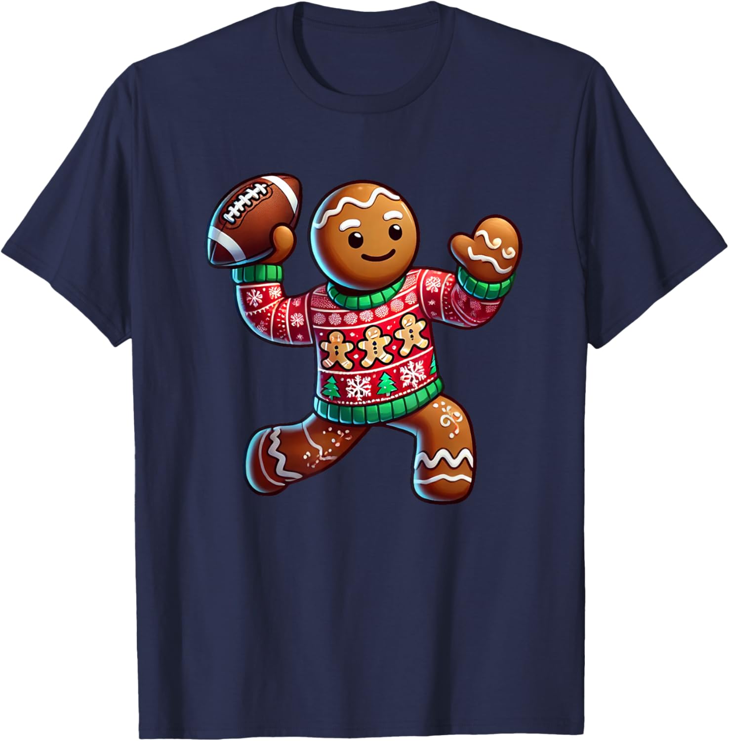 Football Christmas Gingerbread Man Football Ugly Christmas T-Shirt - T-Shirt | Navy